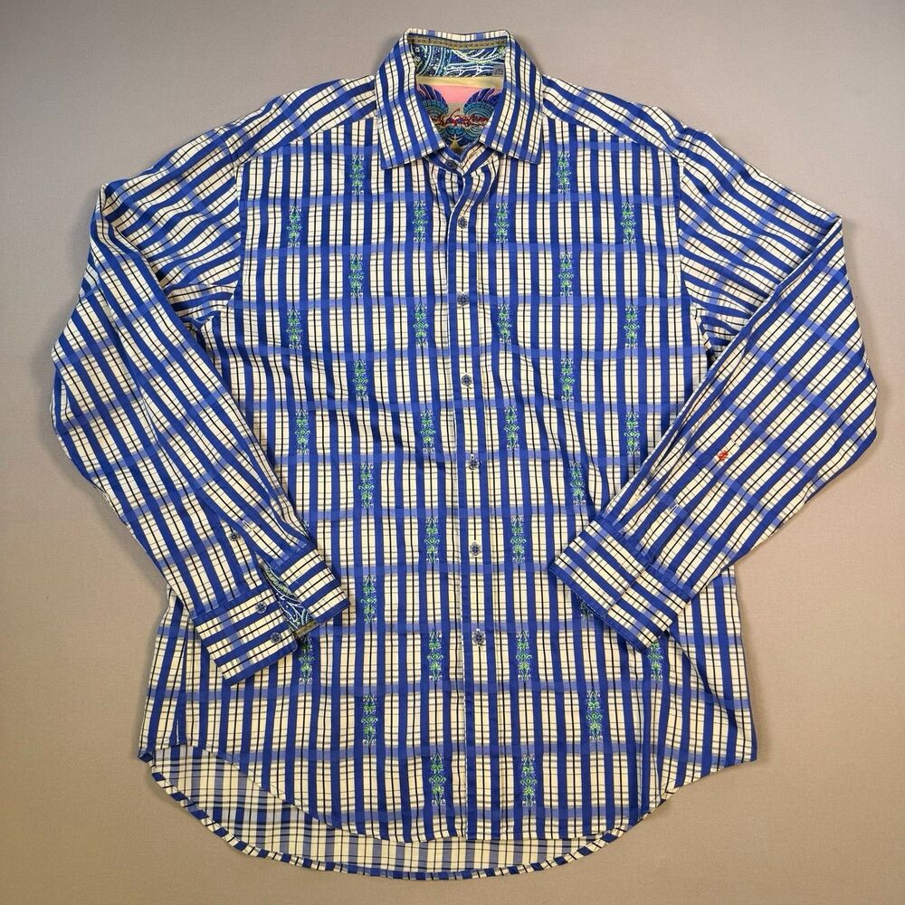 Robert Graham Mens XL Plaid Long Sleeve Button-Up - Blue Green Cream Embroidered